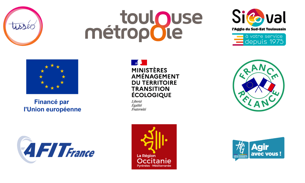 Logos Tisséo, Toulouse Métropole, Sicoval, Financé par l'Europe, Ministère aménagement du territoire transition écologique, France Travail, AFIT France, Région Occitanie, Conseil départemental de la Haute-Garonne (Agrandir l'image - fenêtre modale)