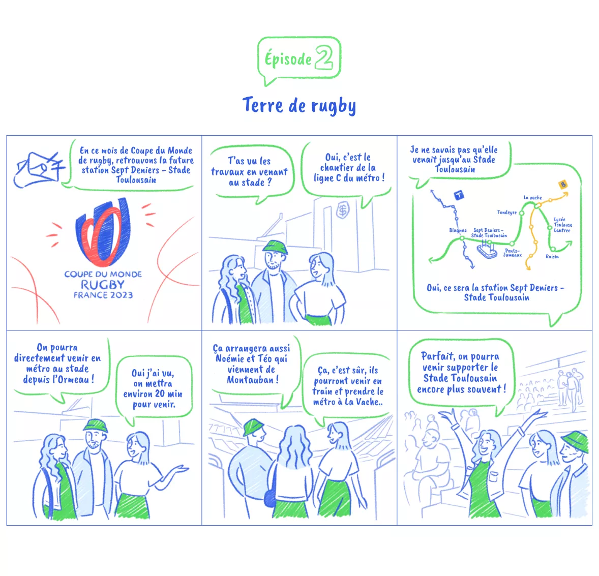 9 vignettes, format BD, expliquent comment la future station près du stade Ernest Wallon permettra de venir voir les matchs plus facilement.