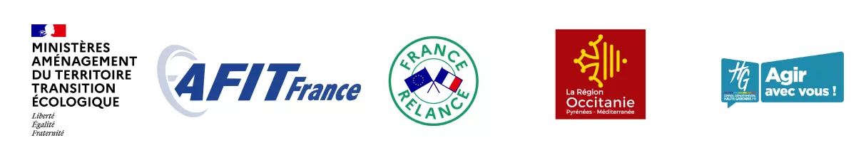Logos Ministère aménagement du territoire transition écologique, AFIT France, France Relance, Région Occitanie, Conseil départemental de la Haute-Garonne