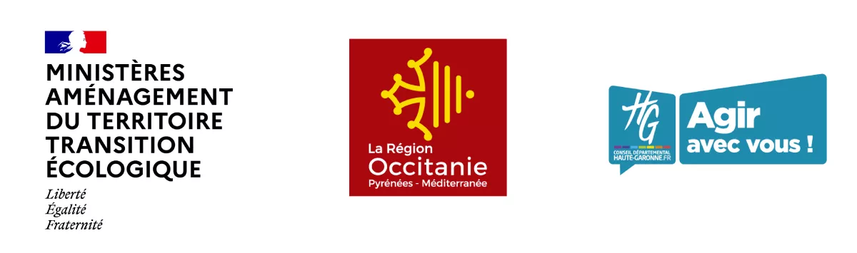 Logos Ministère aménagement du territoire transition écologique, Région Occitanie, Conseil départemental de la Haute-Garonne