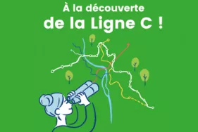Illustration d'une jeune femme regardant aux jumelles le tracé de la ligne C  (Agrandir l'image - fenêtre modale)